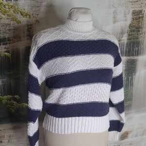 Greg Adams Womens Small Striped Navy Blue & White Knit Long Sleeve Sweater
